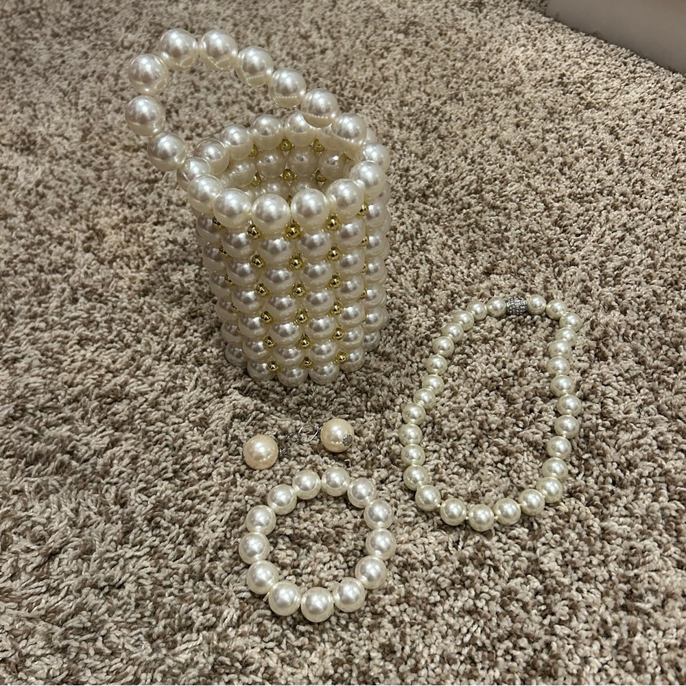 Pearl Beaded Mini Bag & Jewelry Set – Necklace, Bracelet & Earrings